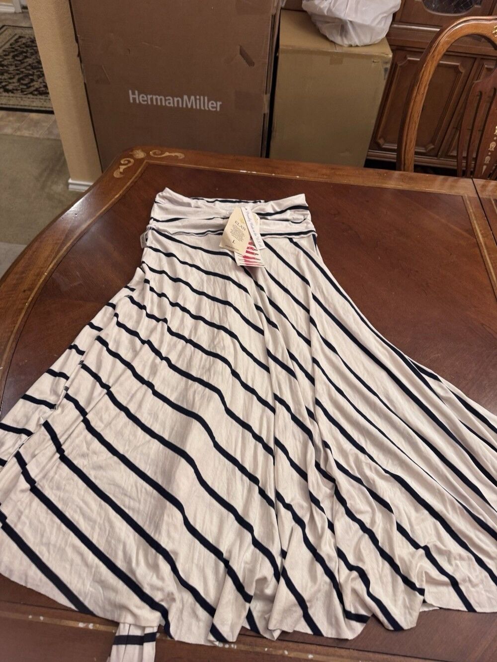 Elan Skirt Women Large Blue Striped Midi Foldover Asymmetrical Hem USA Made